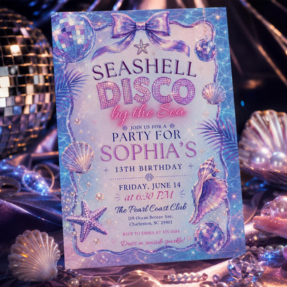Seashell Disco Birthday Invitation, Disco Party Invitation, Seashell  Birthday Invitation, Editable Ocean Theme Party Invite, Canva Template __etsy:8094955311