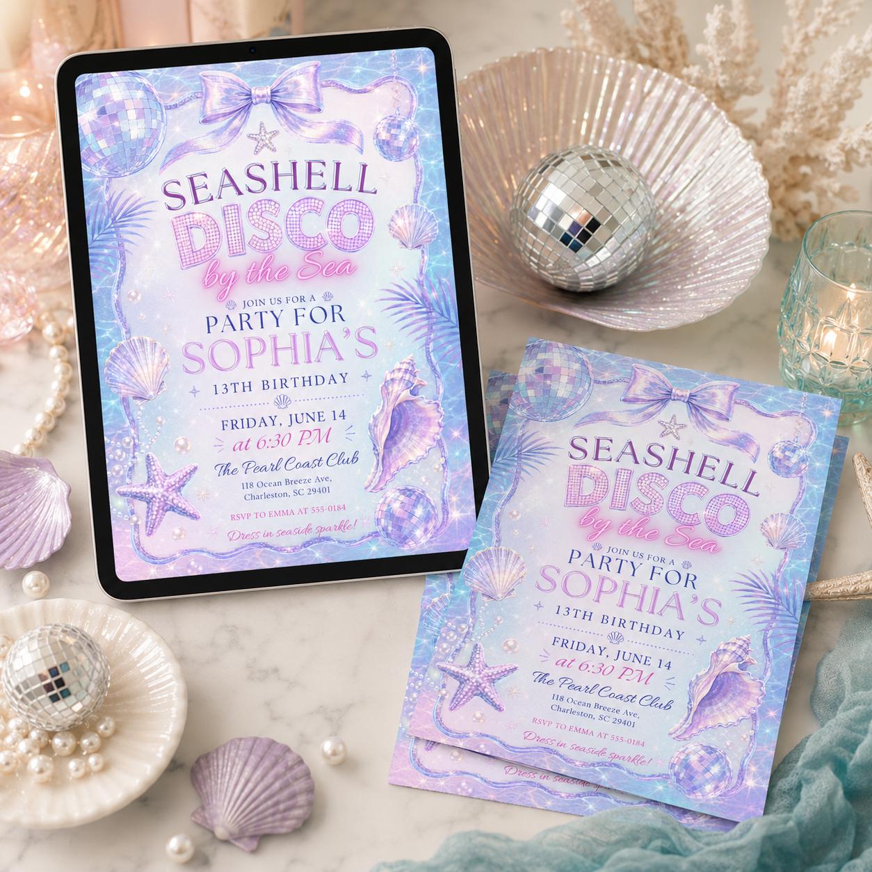 Seashell Disco Birthday Invitation, Disco Party Invitation, Seashell  Birthday Invitation, Editable Ocean Theme Party Invite, Canva Template __etsy:8094955303