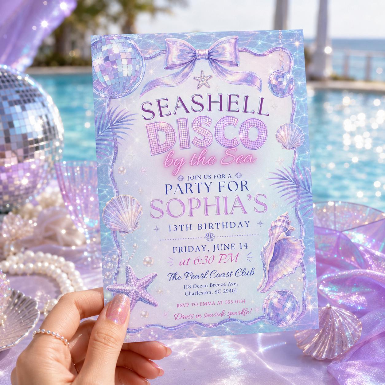 Seashell Disco Birthday Invitation, Disco Party Invitation, Seashell  Birthday Invitation, Editable Ocean Theme Party Invite, Canva Template __etsy:8094956299