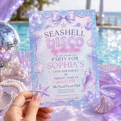Seashell Disco Birthday Invitation, Disco Party Invitation, Seashell  Birthday Invitation, Editable Ocean Theme Party Invite, Canva Template __etsy:8094956299