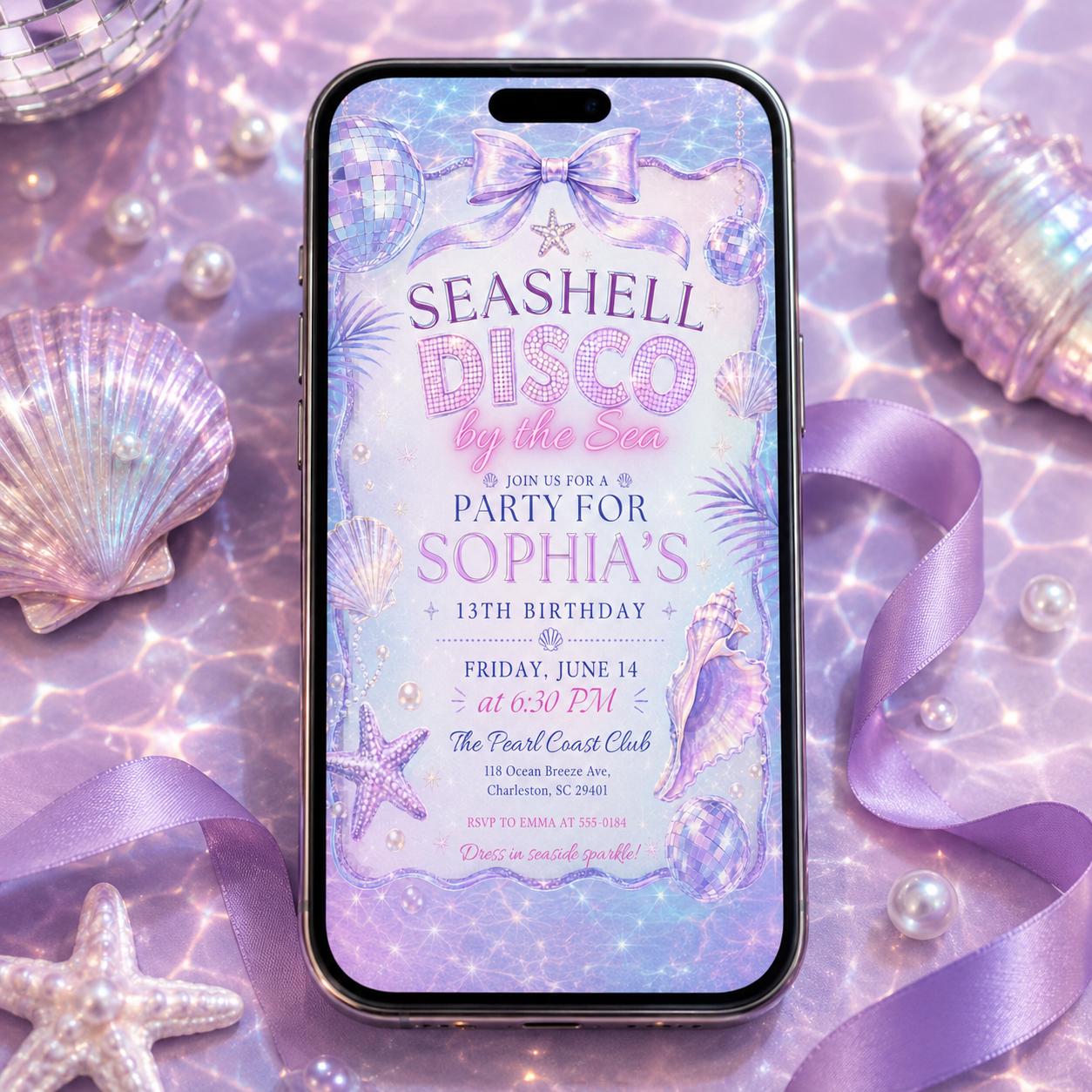 Seashell Disco Birthday Invitation, Disco Party Invitation, Seashell  Birthday Invitation, Editable Ocean Theme Party Invite, Canva Template __etsy:8047047896