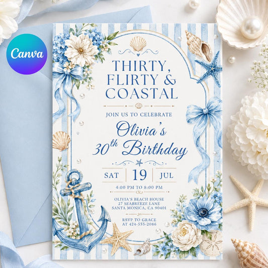 Seashell 13th Birthday Invitation: Editable Ocean Theme Party Invite (Digital Download) __etsy:7991739312