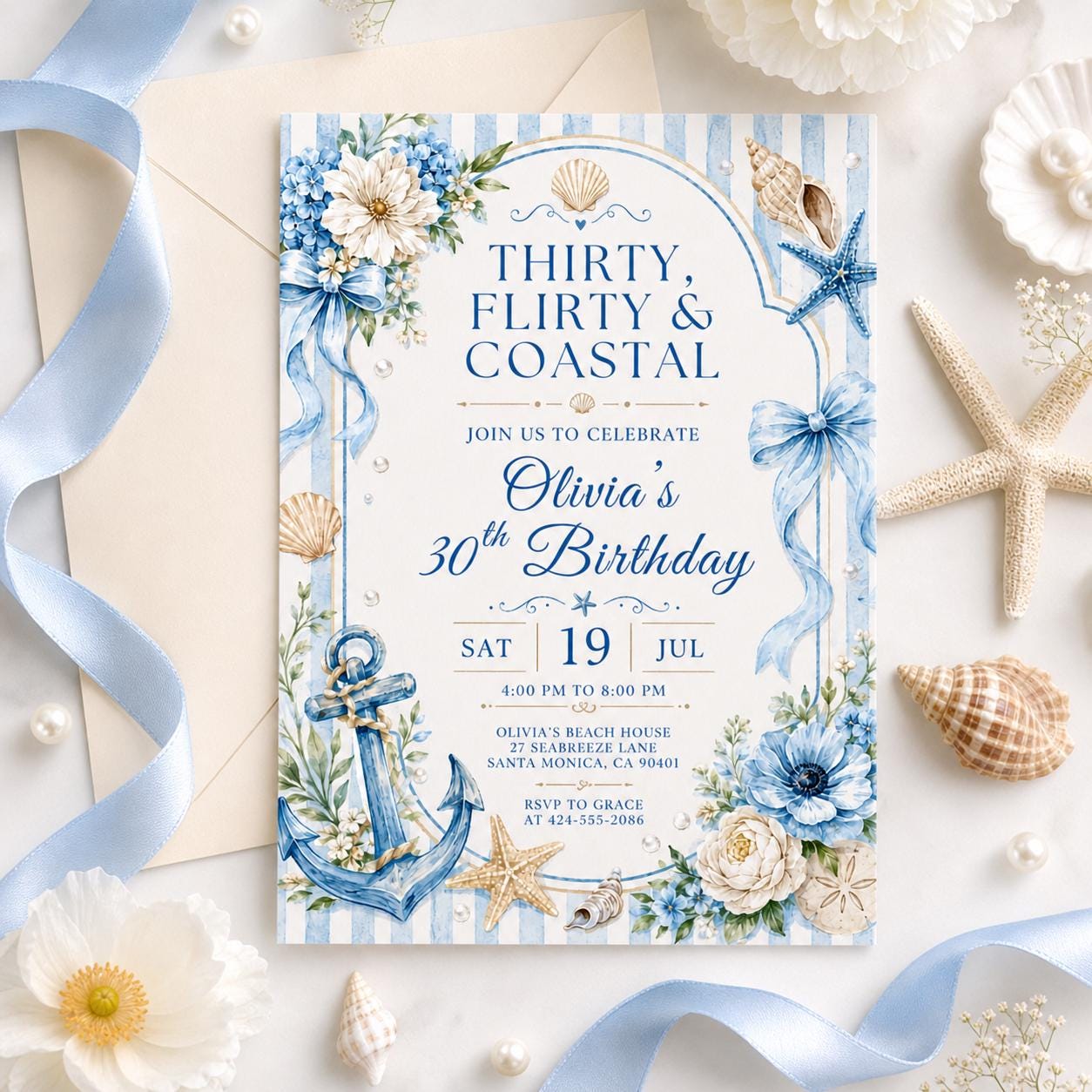 Seashell 13th Birthday Invitation: Editable Ocean Theme Party Invite (Digital Download) __etsy:8039677439
