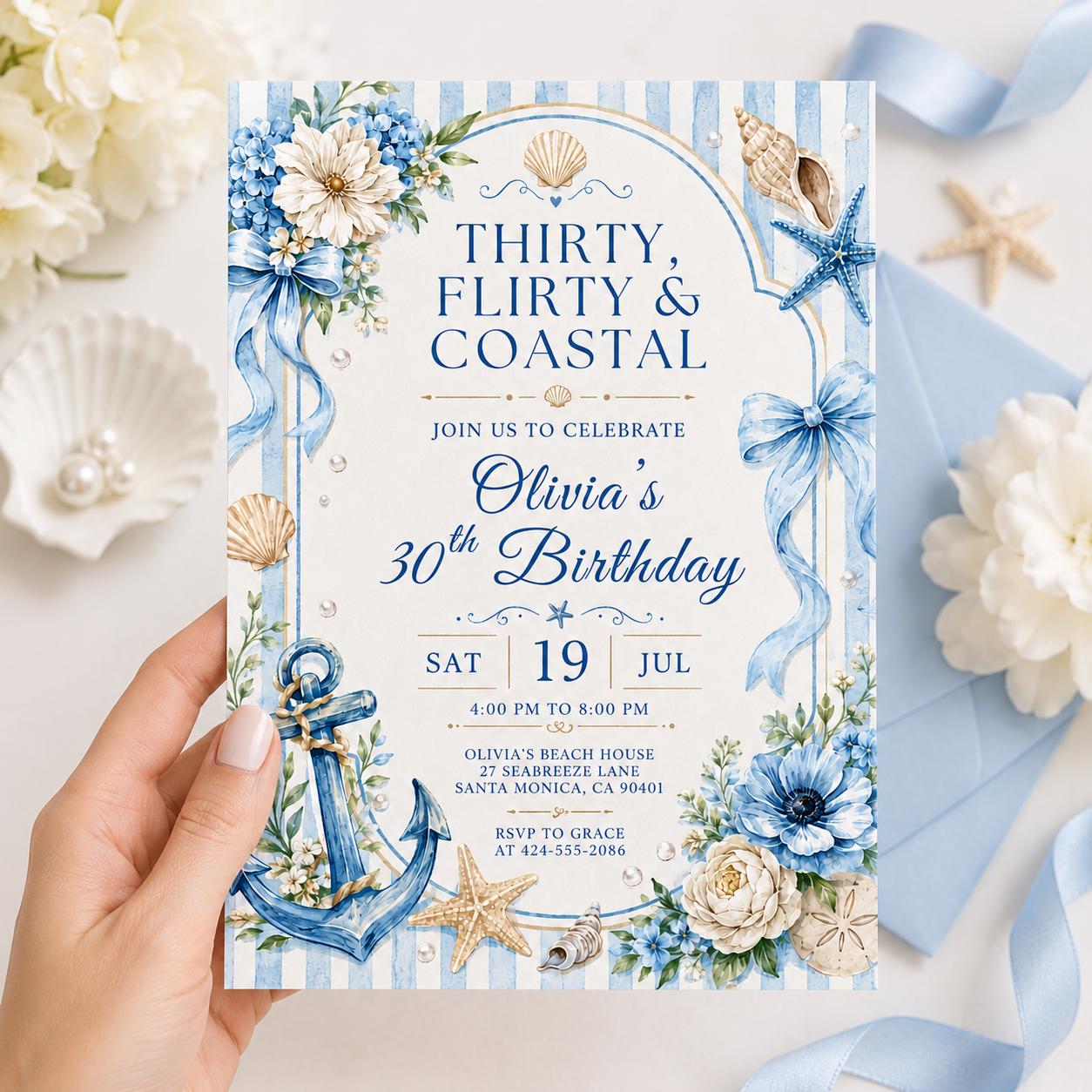 Seashell 13th Birthday Invitation: Editable Ocean Theme Party Invite (Digital Download) __etsy:8039677611