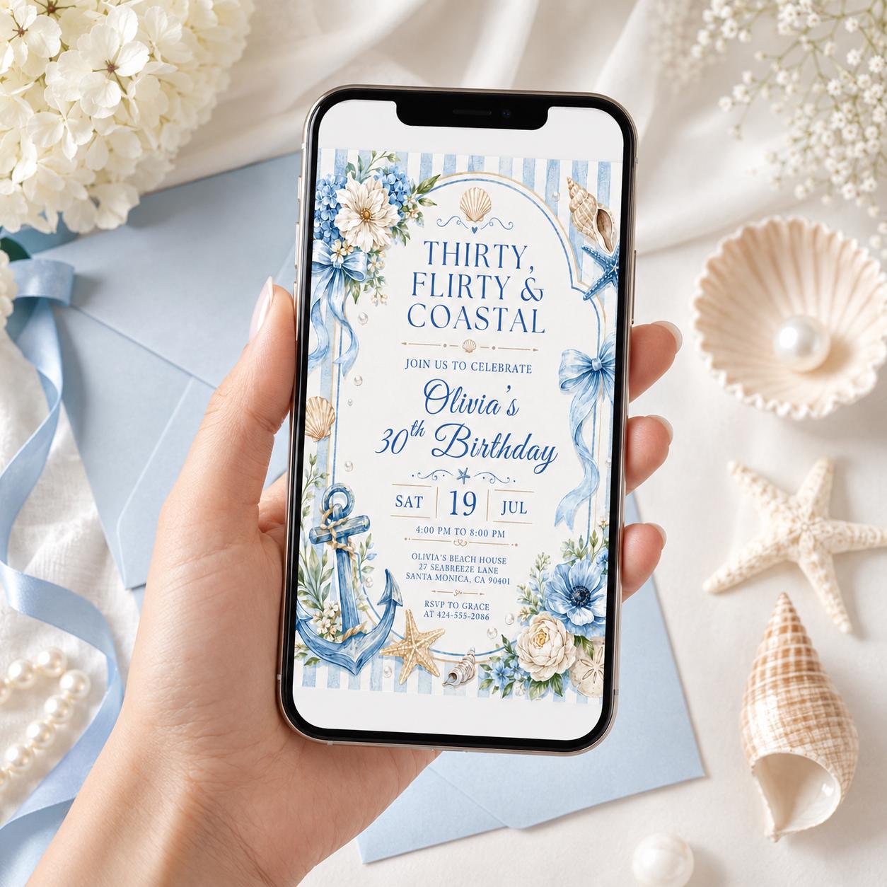 Seashell 13th Birthday Invitation: Editable Ocean Theme Party Invite (Digital Download) __etsy:8039677609