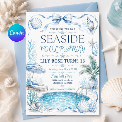 Seaside Pool Party Invitation Template, Blue Pool Party Birthday Invitation Video. Neon Beach Theme Tropical Summer Invite, Canva Template __etsy:8095063029