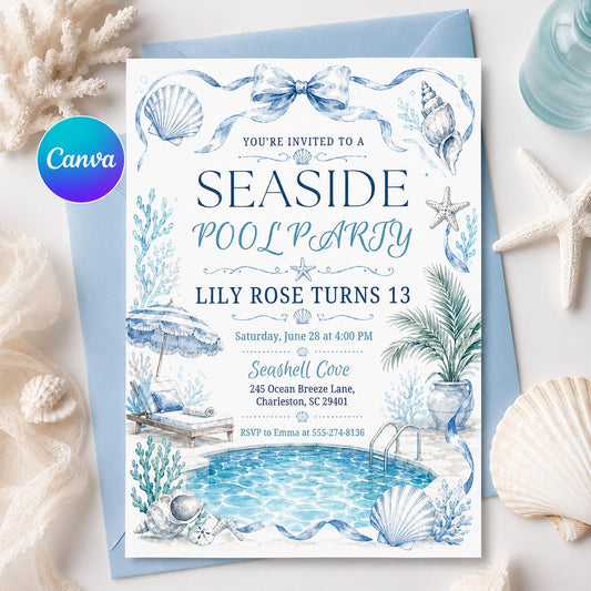 Seaside Pool Party Invitation Template, Blue Pool Party Birthday Invitation Video. Neon Beach Theme Tropical Summer Invite, Canva Template __etsy:8095063029