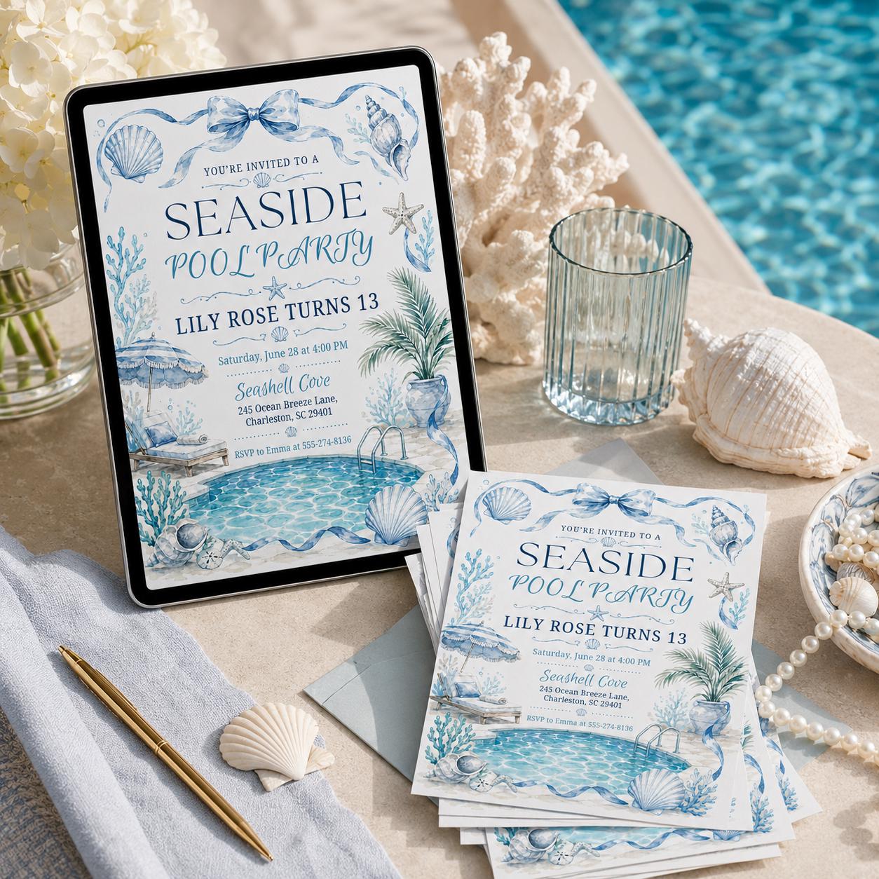 Seaside Pool Party Invitation Template, Blue Pool Party Birthday Invitation Video. Neon Beach Theme Tropical Summer Invite, Canva Template __etsy:8047155302