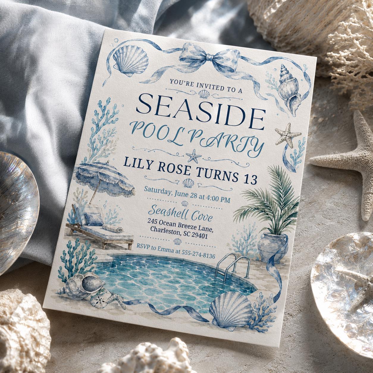 Seaside Pool Party Invitation Template, Blue Pool Party Birthday Invitation Video. Neon Beach Theme Tropical Summer Invite, Canva Template __etsy:8047155528