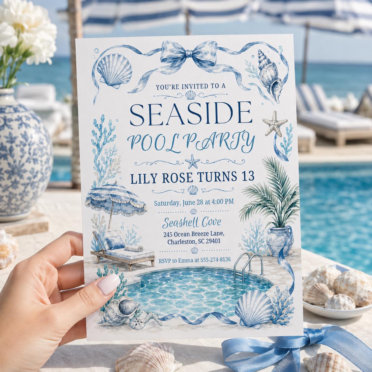 Seaside Pool Party Invitation Template, Blue Pool Party Birthday Invitation Video. Neon Beach Theme Tropical Summer Invite, Canva Template __etsy:8095063765