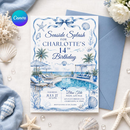 Seaside Splash Birthday Invitation, The Summer I Turned Pretty Birthday Invitation, Coastal Party Invite, 13th Birthday Girl, Canva Template __etsy:8094883147