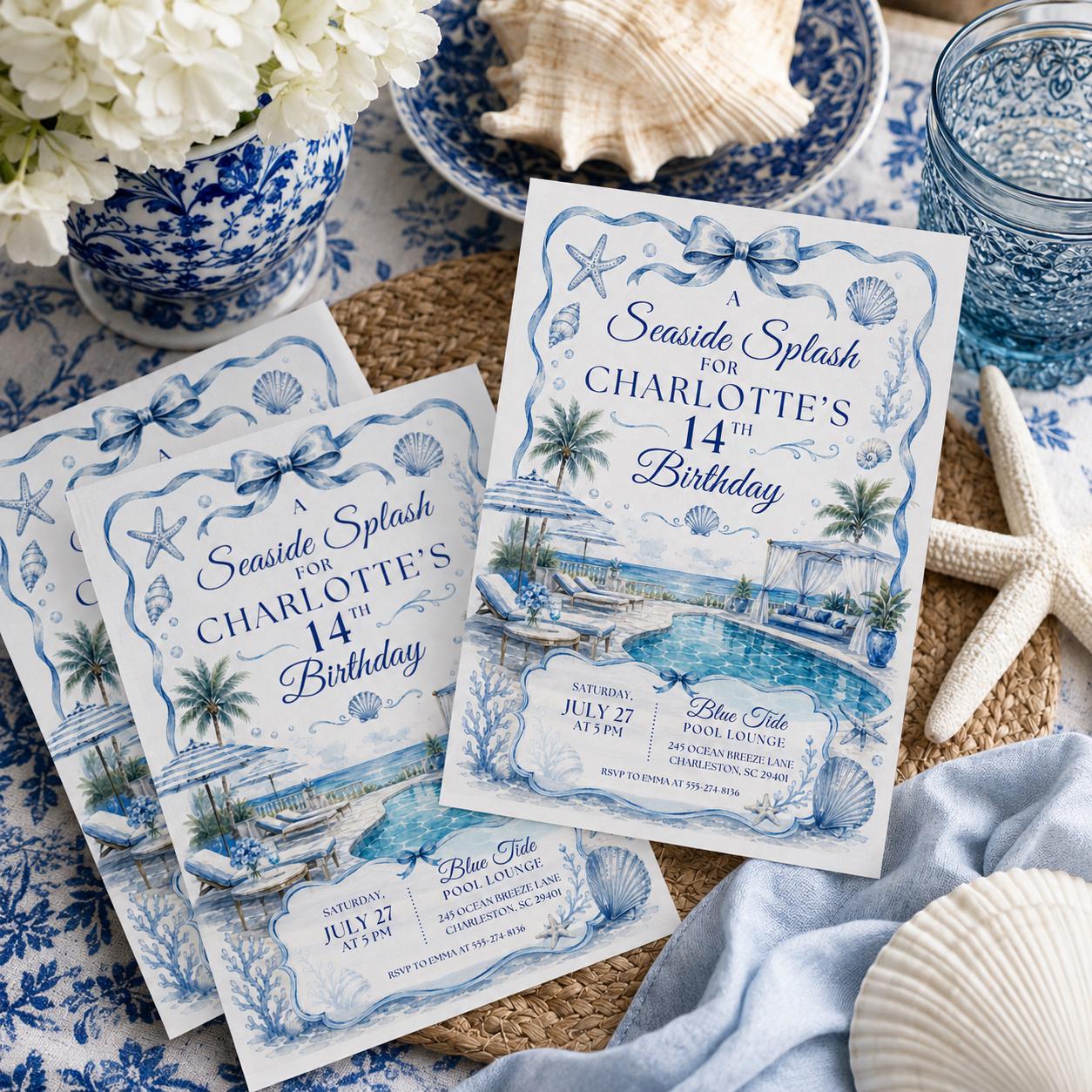 Seaside Splash Birthday Invitation, The Summer I Turned Pretty Birthday Invitation, Coastal Party Invite, 13th Birthday Girl, Canva Template __etsy:8046974554