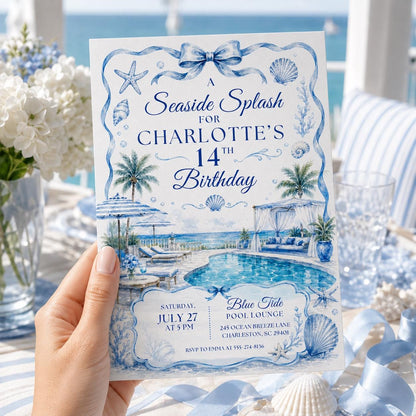 Seaside Splash Birthday Invitation, The Summer I Turned Pretty Birthday Invitation, Coastal Party Invite, 13th Birthday Girl, Canva Template __etsy:8094883607