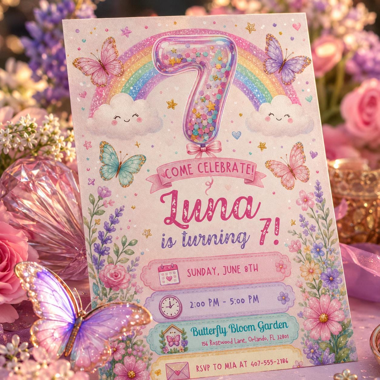 Sequin 7th Birthday Invitation, Glitter Sequins Number Birthday Invite, Sparkly Heart Party Template, Purple Hearts Birthday, Canva Template __etsy:8119500719
