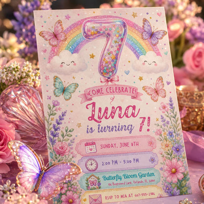 Sequin 7th Birthday Invitation, Glitter Sequins Number Birthday Invite, Sparkly Heart Party Template, Purple Hearts Birthday, Canva Template __etsy:8119500719