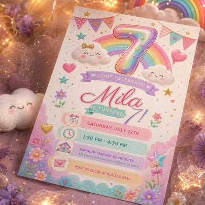 Sequin 7th Birthday Invitation, Glitter Sequins Number Birthday Invite, Sparkly Heart Party Template, Purple Hearts Birthday, Canva Template __etsy:8071578294