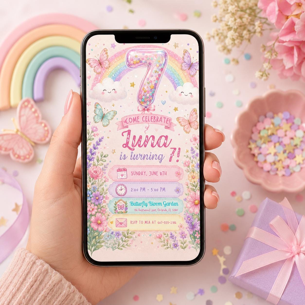 Sequin 7th Birthday Invitation, Glitter Sequins Number Birthday Invite, Sparkly Heart Party Template, Purple Hearts Birthday, Canva Template __etsy:8071579234