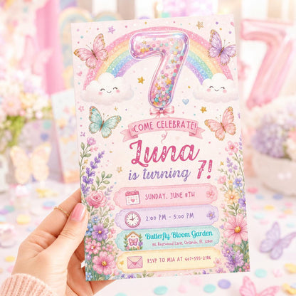 Sequin 7th Birthday Invitation, Glitter Sequins Number Birthday Invite, Sparkly Heart Party Template, Purple Hearts Birthday, Canva Template __etsy:8071579260