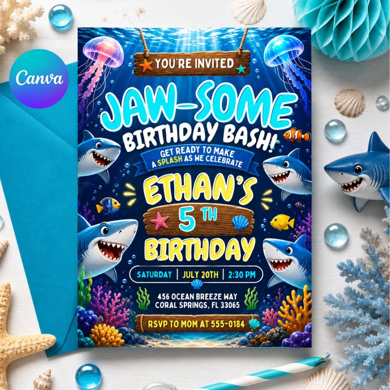 Shark Birthday Invitation, Editable Pool Party Invite, Sharktastic Attack, Ocean Nautical Any Age Kids Template, Under The Sea Invite, Canva __etsy:8035910713
