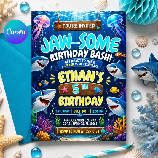 Shark Birthday Invitation, Editable Pool Party Invite, Sharktastic Attack, Ocean Nautical Any Age Kids Template, Under The Sea Invite, Canva __etsy:8035910713