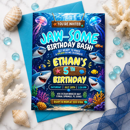 Shark Birthday Invitation, Editable Pool Party Invite, Sharktastic Attack, Ocean Nautical Any Age Kids Template, Under The Sea Invite, Canva __etsy:7984073612