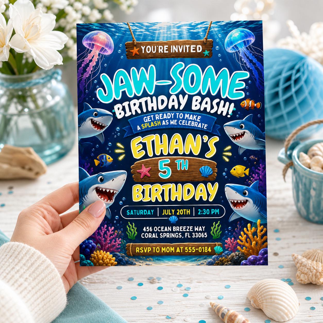 Shark Birthday Invitation, Editable Pool Party Invite, Sharktastic Attack, Ocean Nautical Any Age Kids Template, Under The Sea Invite, Canva __etsy:7984073386