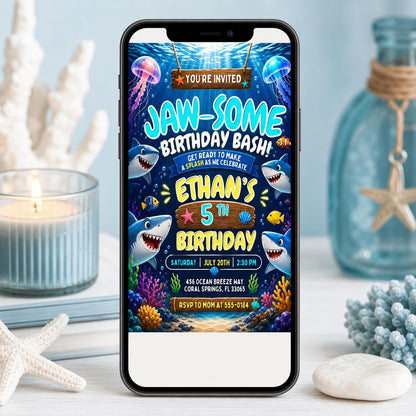 Shark Birthday Invitation, Editable Pool Party Invite, Sharktastic Attack, Ocean Nautical Any Age Kids Template, Under The Sea Invite, Canva __etsy:8032018365