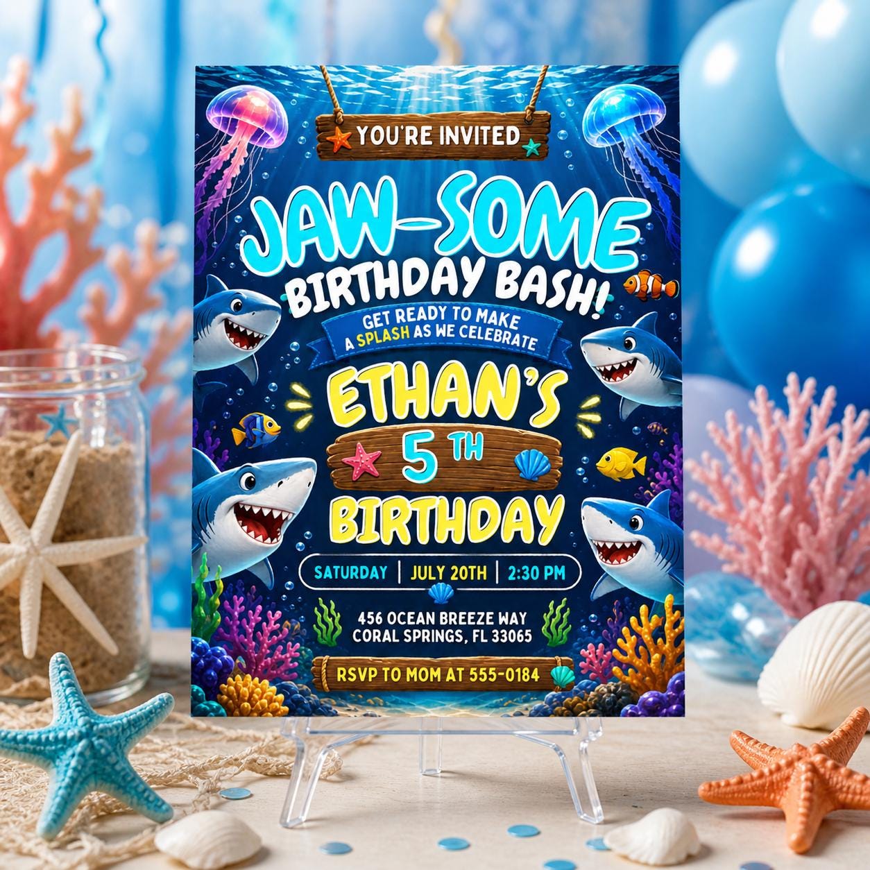 Shark Birthday Invitation, Editable Pool Party Invite, Sharktastic Attack, Ocean Nautical Any Age Kids Template, Under The Sea Invite, Canva __etsy:8032018561