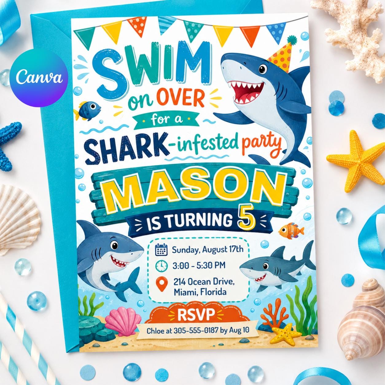 Shark Birthday Invitation, Shark Attack Birthday, Pool Party Birthday, Shark Birthday Invitation, Editable Canva Template __etsy:8039822149