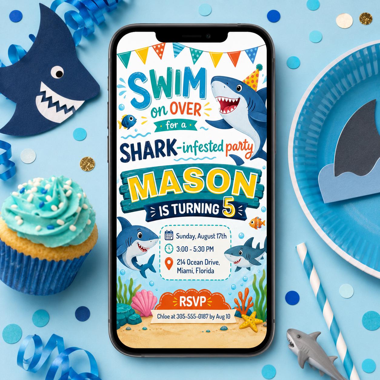 Shark Birthday Invitation, Shark Attack Birthday, Pool Party Birthday, Shark Birthday Invitation, Editable Canva Template __etsy:8039821683