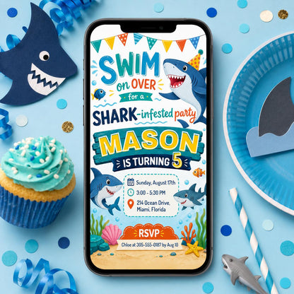 Shark Birthday Invitation, Shark Attack Birthday, Pool Party Birthday, Shark Birthday Invitation, Editable Canva Template __etsy:8039821683