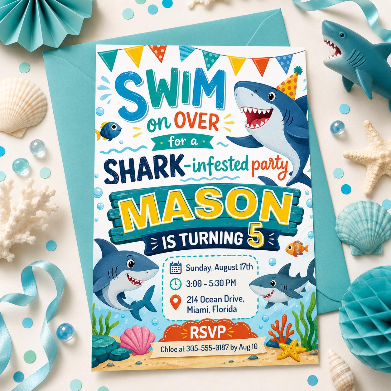 Shark Birthday Invitation, Shark Attack Birthday, Pool Party Birthday, Shark Birthday Invitation, Editable Canva Template __etsy:8039822119
