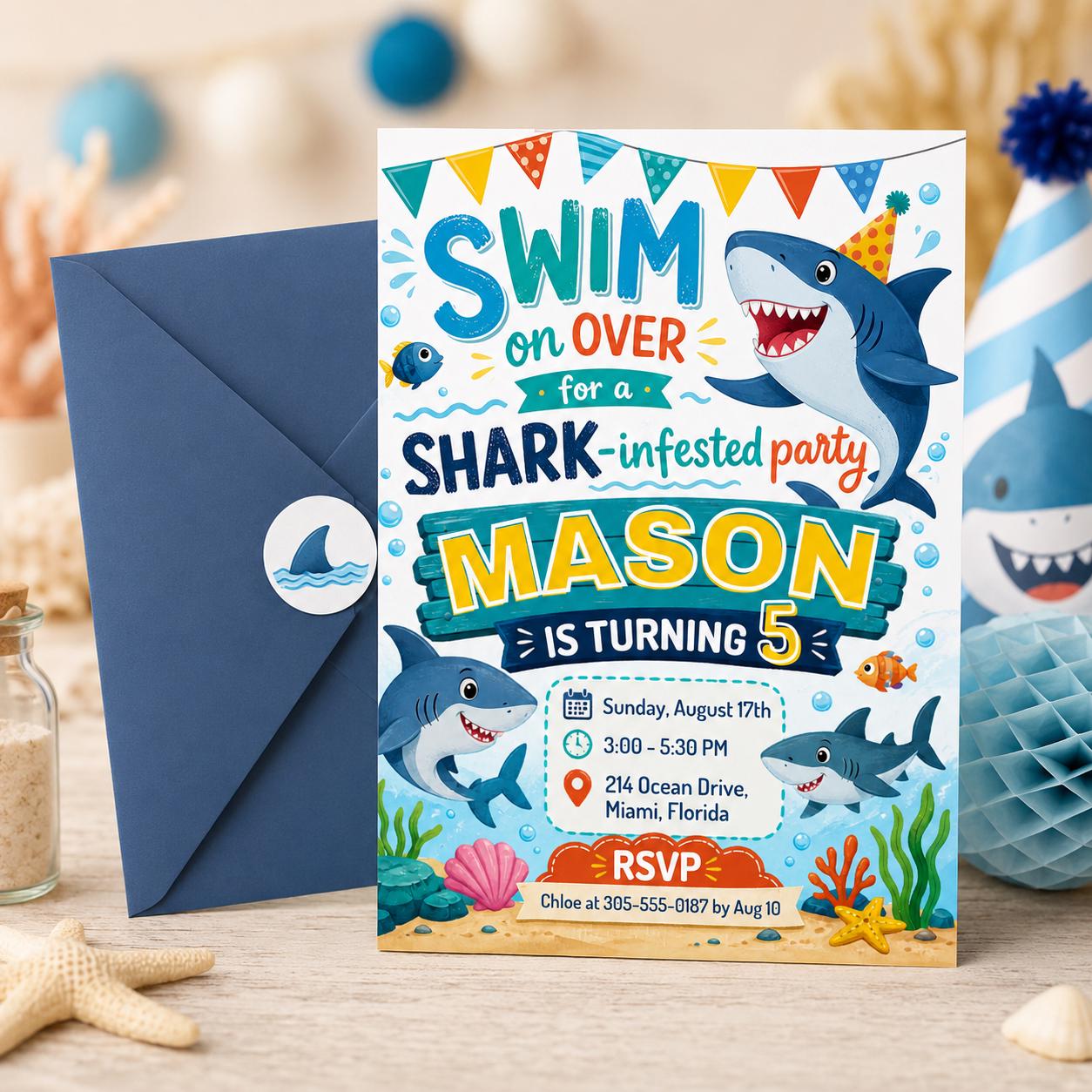 Shark Birthday Invitation, Shark Attack Birthday, Pool Party Birthday, Shark Birthday Invitation, Editable Canva Template __etsy:8039822217