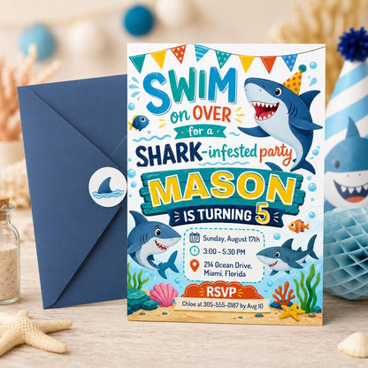 Shark Birthday Invitation, Shark Attack Birthday, Pool Party Birthday, Shark Birthday Invitation, Editable Canva Template __etsy:8039822217