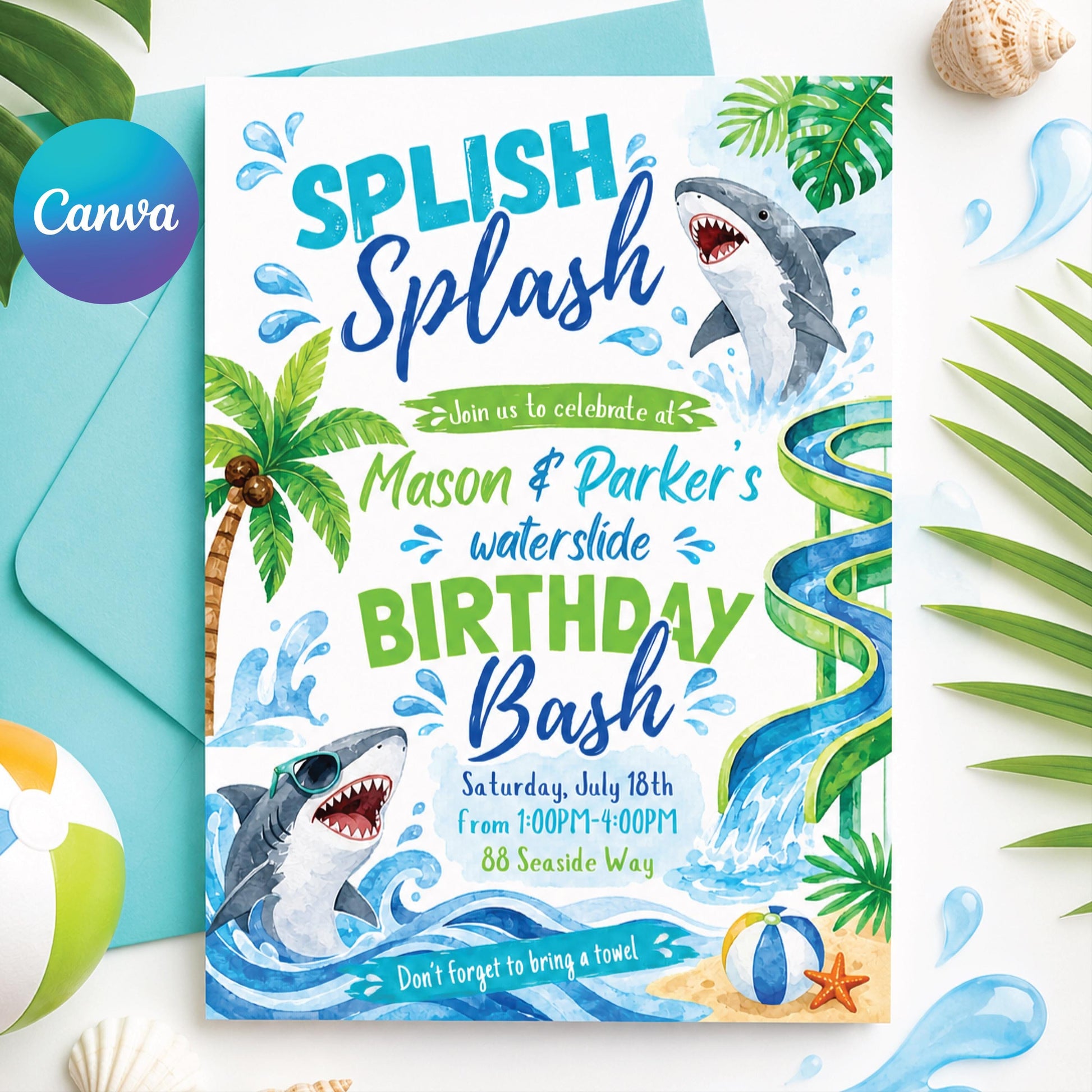Shark Birthday Invitation, Waterslide Birthday Invite, Sibling Birthday Party, Summer Birthday Pool Party, Shark Waterslide Invitation Canva __etsy:8071384545