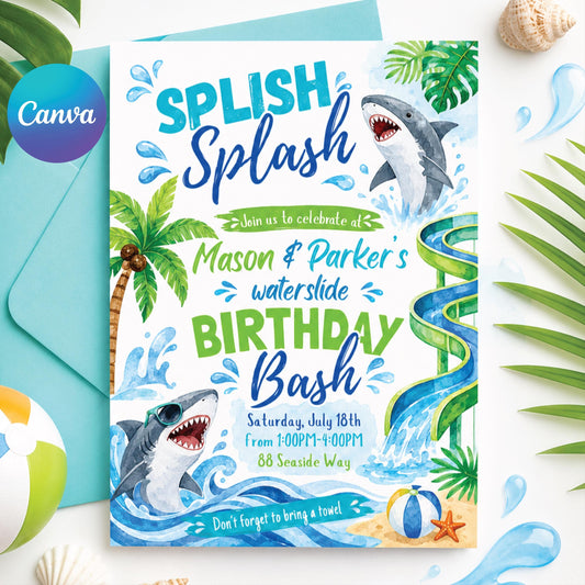 Shark Birthday Invitation, Waterslide Birthday Invite, Sibling Birthday Party, Summer Birthday Pool Party, Shark Waterslide Invitation Canva __etsy:8071384545