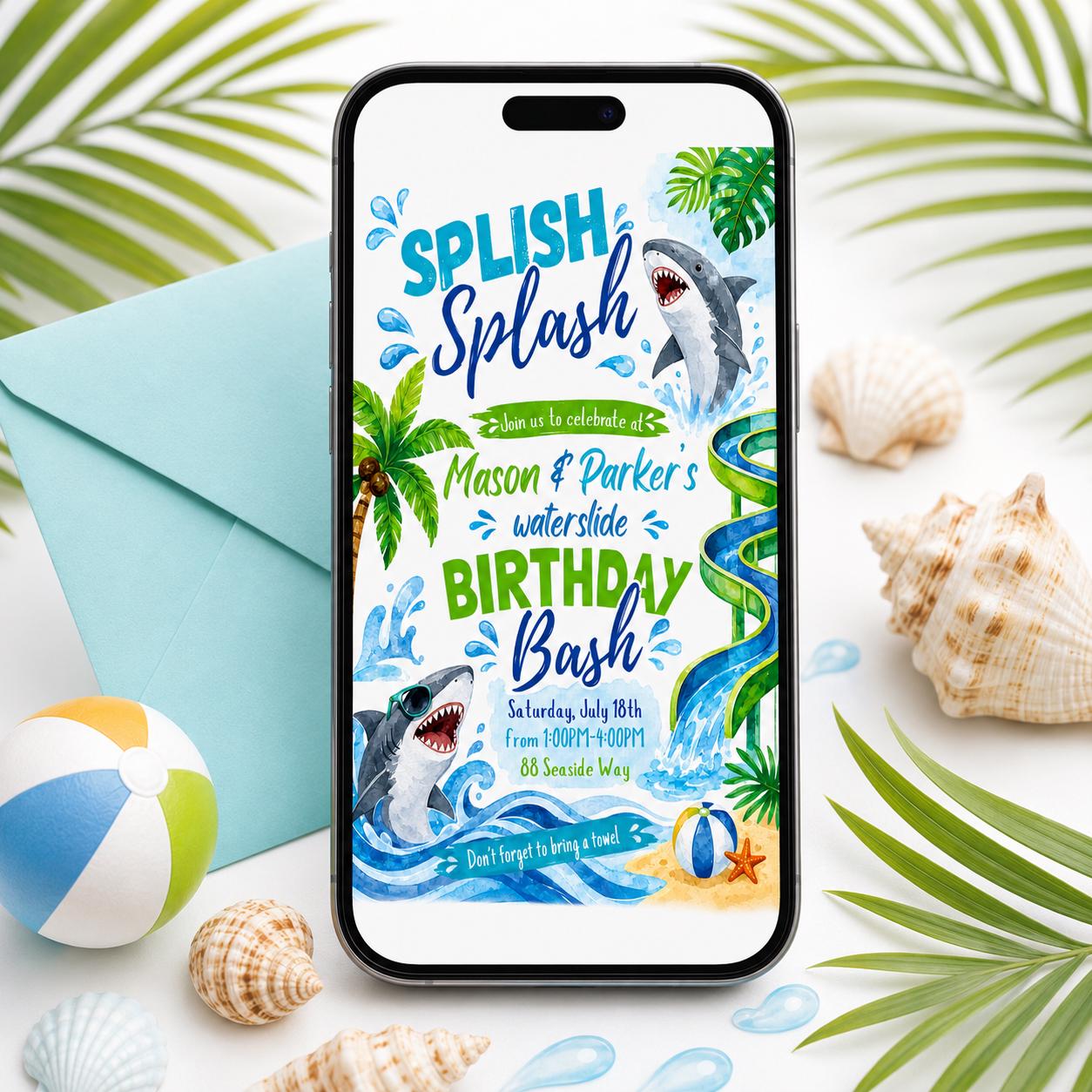 Shark Birthday Invitation, Waterslide Birthday Invite, Sibling Birthday Party, Summer Birthday Pool Party, Shark Waterslide Invitation Canva __etsy:8023470040