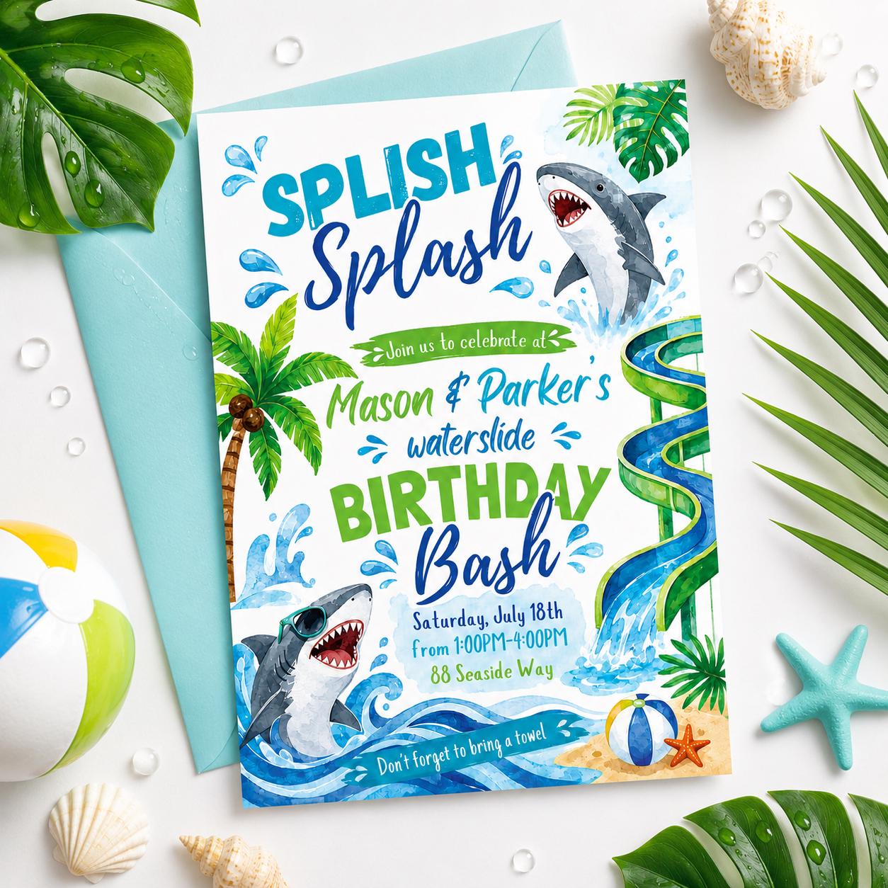 Shark Birthday Invitation, Waterslide Birthday Invite, Sibling Birthday Party, Summer Birthday Pool Party, Shark Waterslide Invitation Canva __etsy:8023470064