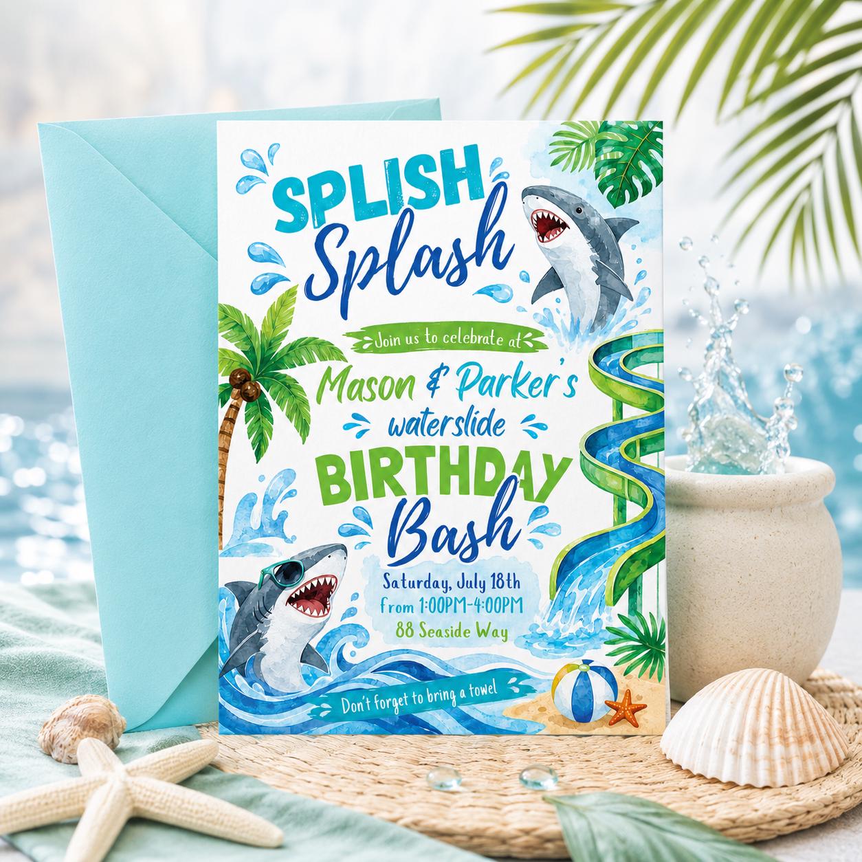 Shark Birthday Invitation, Waterslide Birthday Invite, Sibling Birthday Party, Summer Birthday Pool Party, Shark Waterslide Invitation Canva __etsy:8023470042