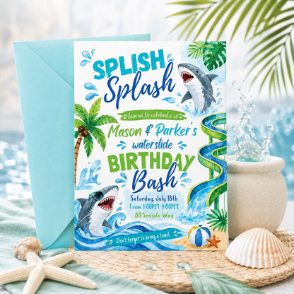 Shark Birthday Invitation, Waterslide Birthday Invite, Sibling Birthday Party, Summer Birthday Pool Party, Shark Waterslide Invitation Canva __etsy:8023470042