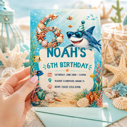 Shark Invitation, 6th Shark Birthday Kids Ocean invite, Under The Sea Party, Ocean Party Invite for Boy, 6th Birthday Canva Template __etsy:8023470750