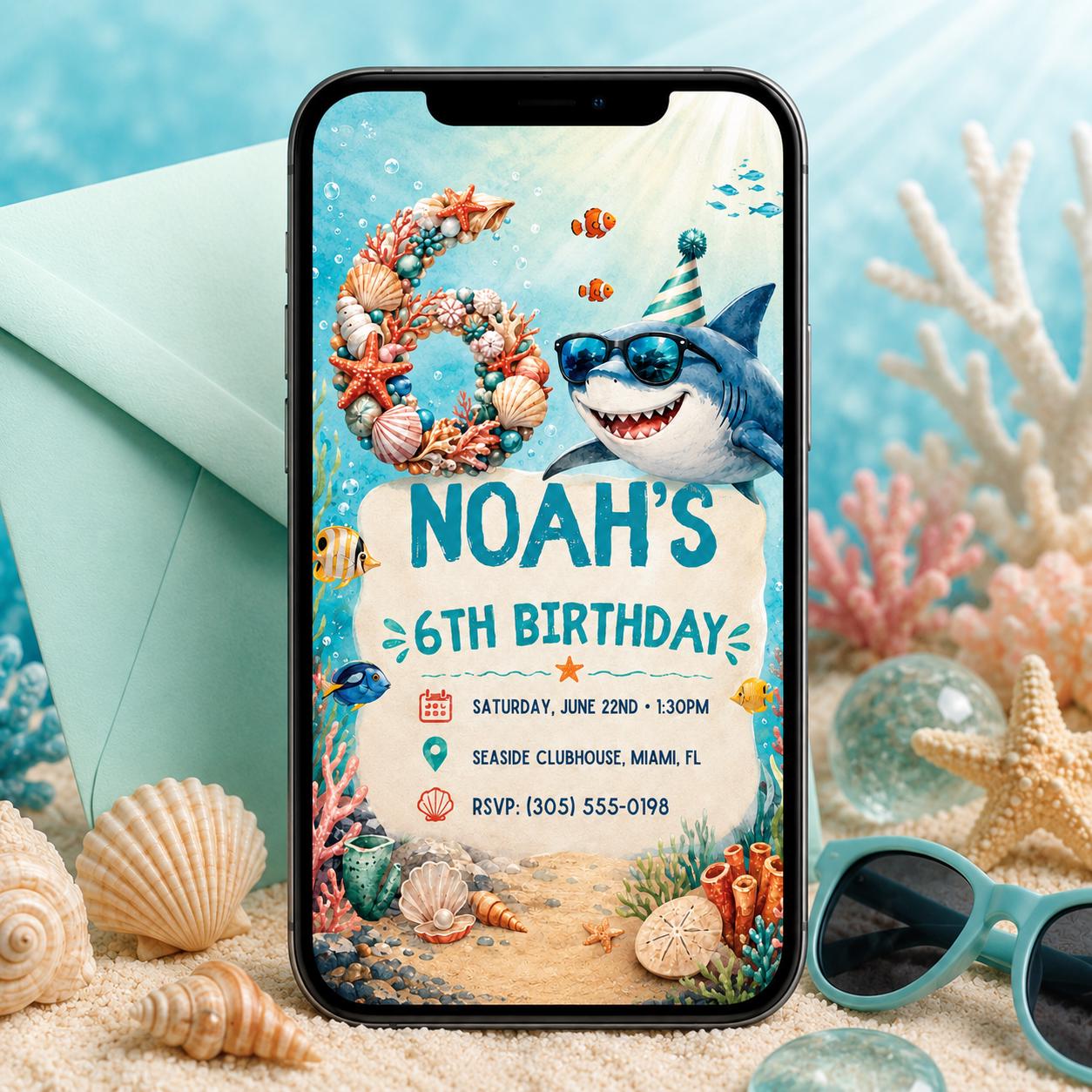 Shark Invitation, 6th Shark Birthday Kids Ocean invite, Under The Sea Party, Ocean Party Invite for Boy, 6th Birthday Canva Template __etsy:8071382239