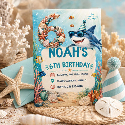 Shark Invitation, 6th Shark Birthday Kids Ocean invite, Under The Sea Party, Ocean Party Invite for Boy, 6th Birthday Canva Template __etsy:8071382241