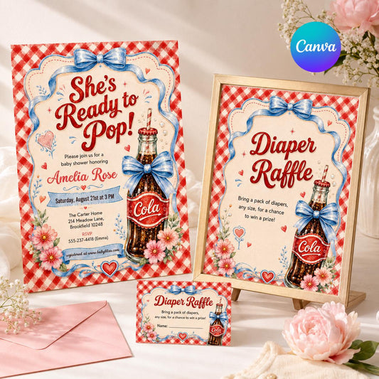 She's Ready to Pop Baby Shower Bundle, Boy Blue Bow Whimsical Vintage Hand Drawn Soda Pop Theme, Soda Pop Boy Baby Shower Ideas, Canva __etsy:8088172911
