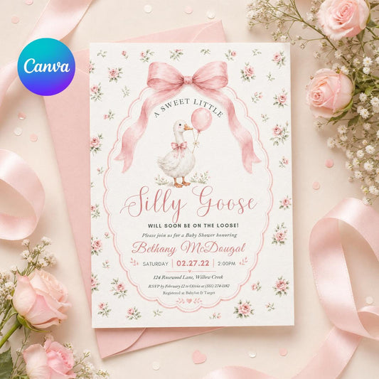 Silly Goose Baby Shower Invitation, Coquette Bow Goose Baby Shower Invite, Preppy Girl Baby Shower Editable Printable TemplateDownload Canva __etsy:7957905948