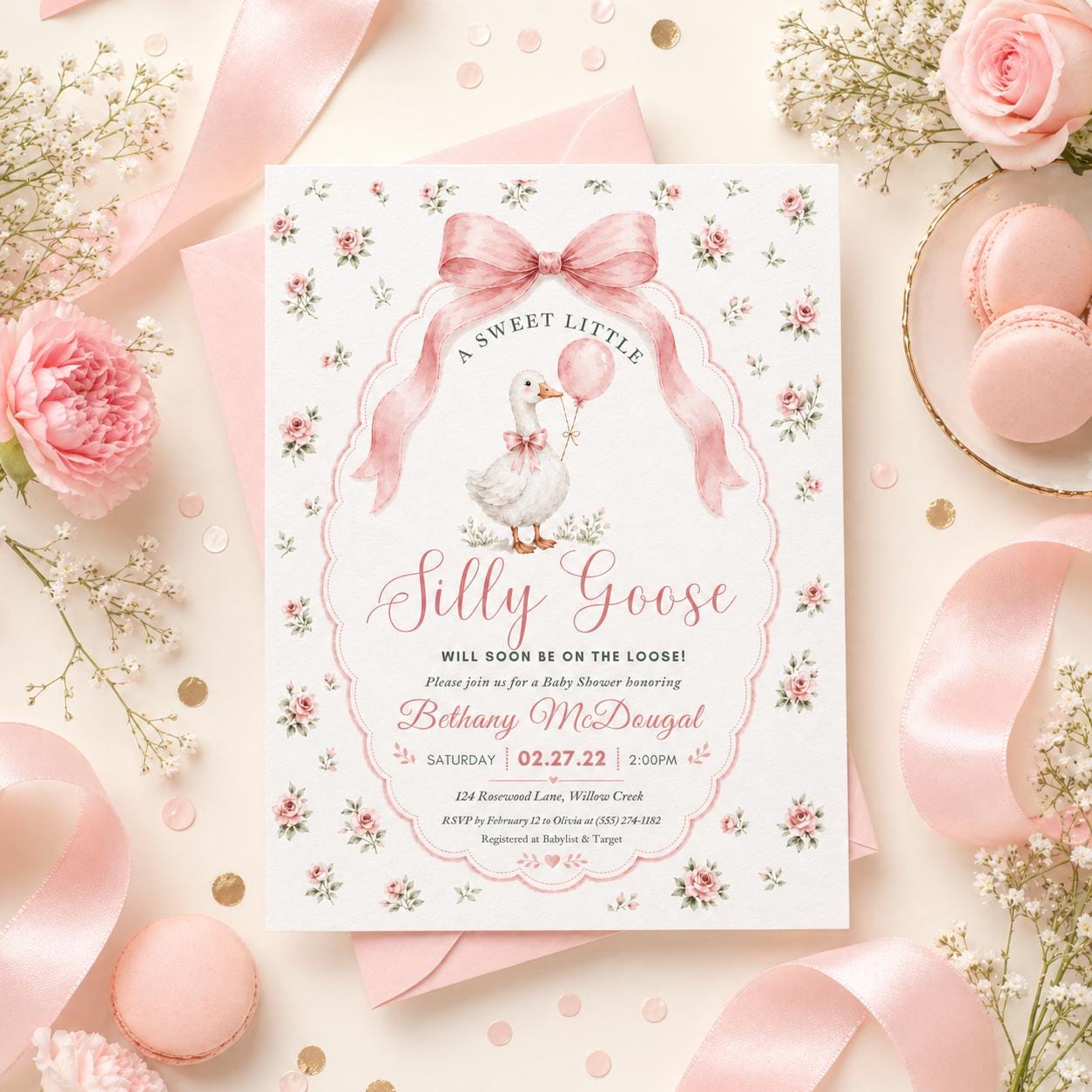 Silly Goose Baby Shower Invitation, Coquette Bow Goose Baby Shower Invite, Preppy Girl Baby Shower Editable Printable TemplateDownload Canva __etsy:8005855499