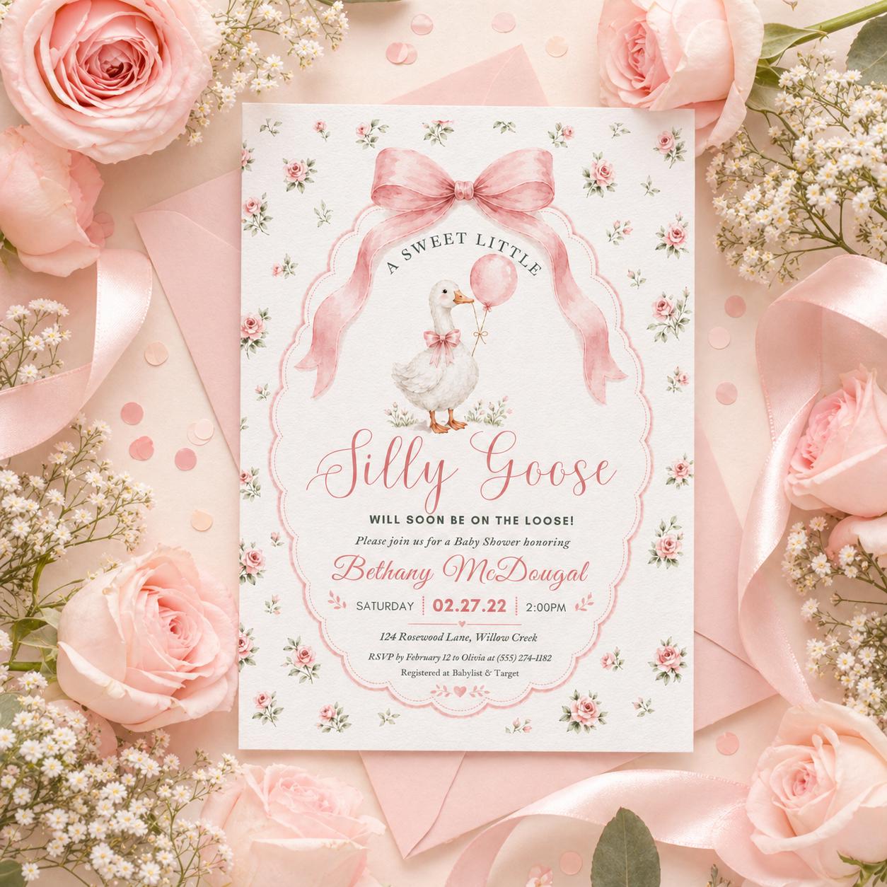 Silly Goose Baby Shower Invitation, Coquette Bow Goose Baby Shower Invite, Preppy Girl Baby Shower Editable Printable TemplateDownload Canva __etsy:7957898914