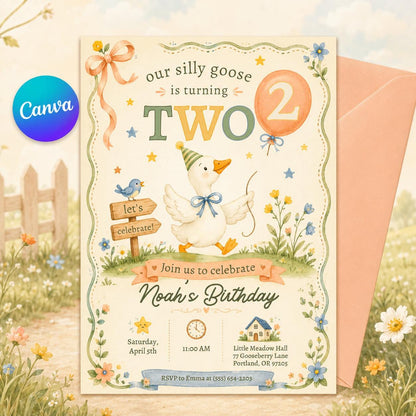 Silly Goose 2nd Birthday Invitation, Two Silly Goose Party, Our Silly Goose is turning two, Girl Birthday Invite, Pink Gingham Silly Goose __etsy:8057512720