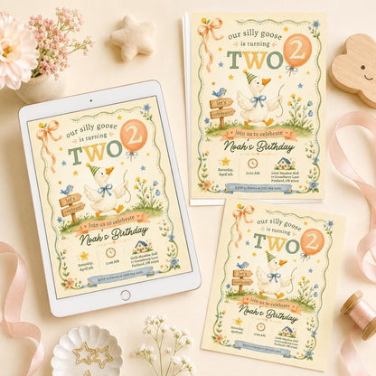 Silly Goose 2nd Birthday Invitation, Two Silly Goose Party, Our Silly Goose is turning two, Girl Birthday Invite, Pink Gingham Silly Goose __etsy:8057512734