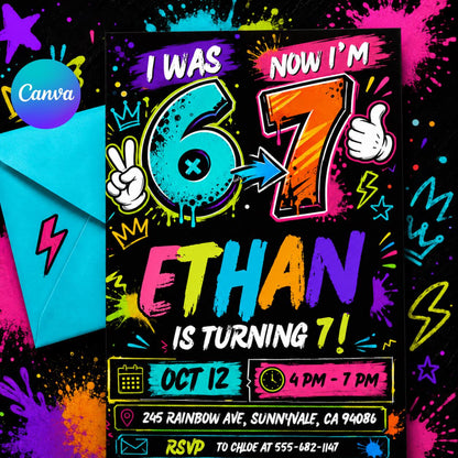 Six Seven Party birthday invitation, printable six seven invite, editable 6 7 meme Party template, Canva digital template, girl boy birthday __etsy:8078505551